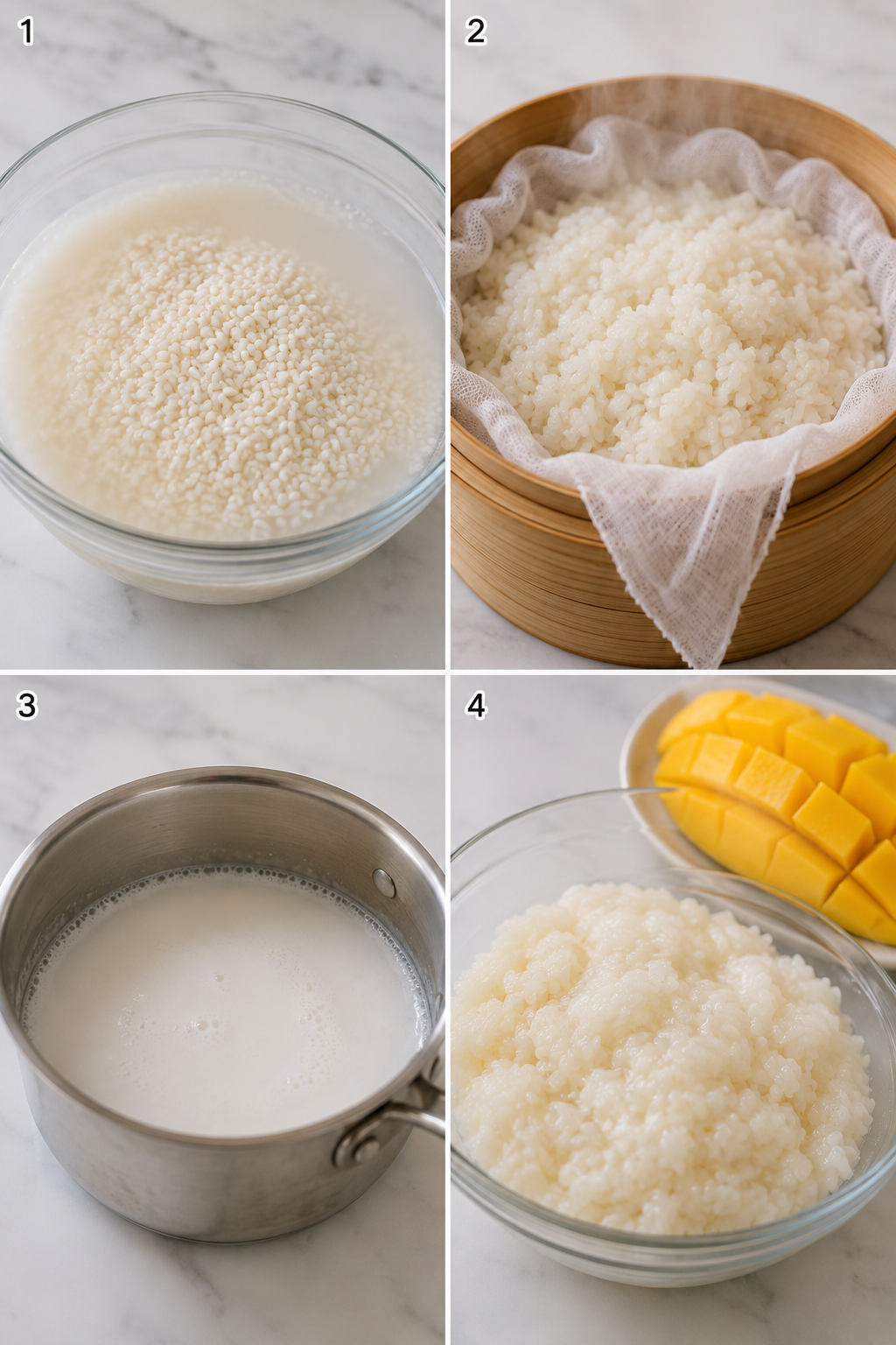 Four steps for making mango sticky rice with coconut syrup