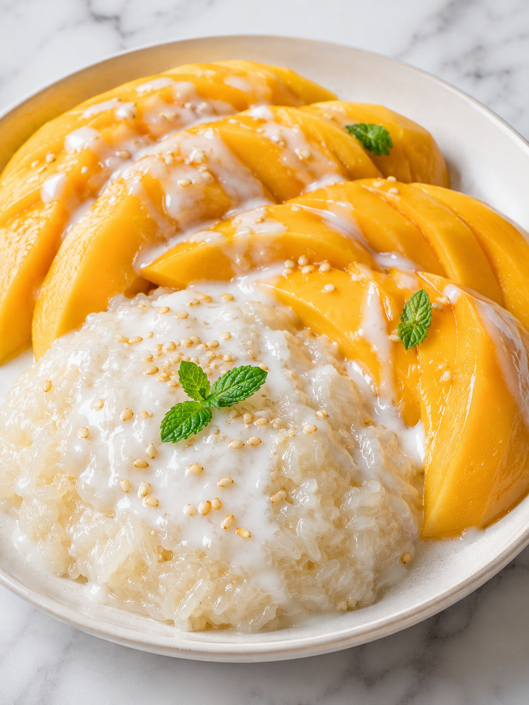 Thai mango sticky rice with coconut drizzle and sesame seeds