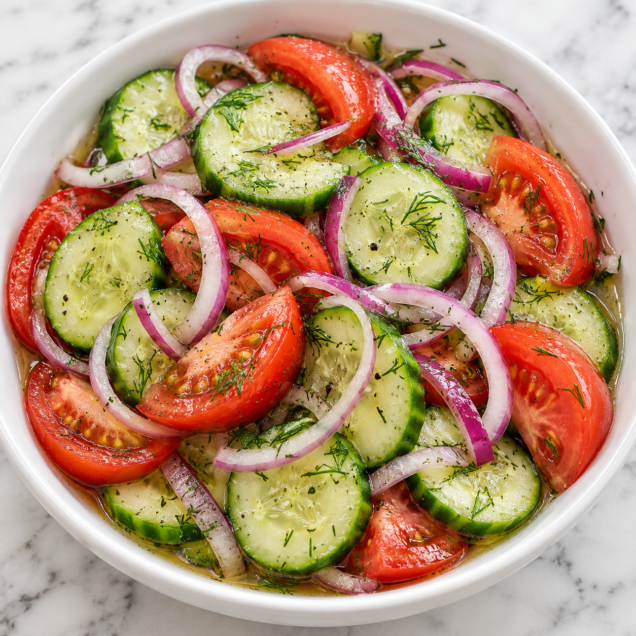 Marinated cucumbers, onions, and tomatoes with dill in a white bowl