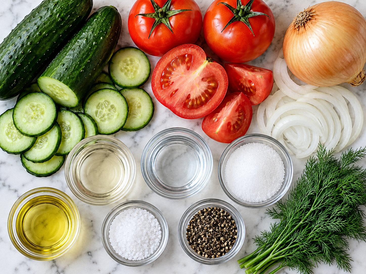 Cucumbers, tomatoes, onion, vinegar, oil, sugar, pepper, and dill
