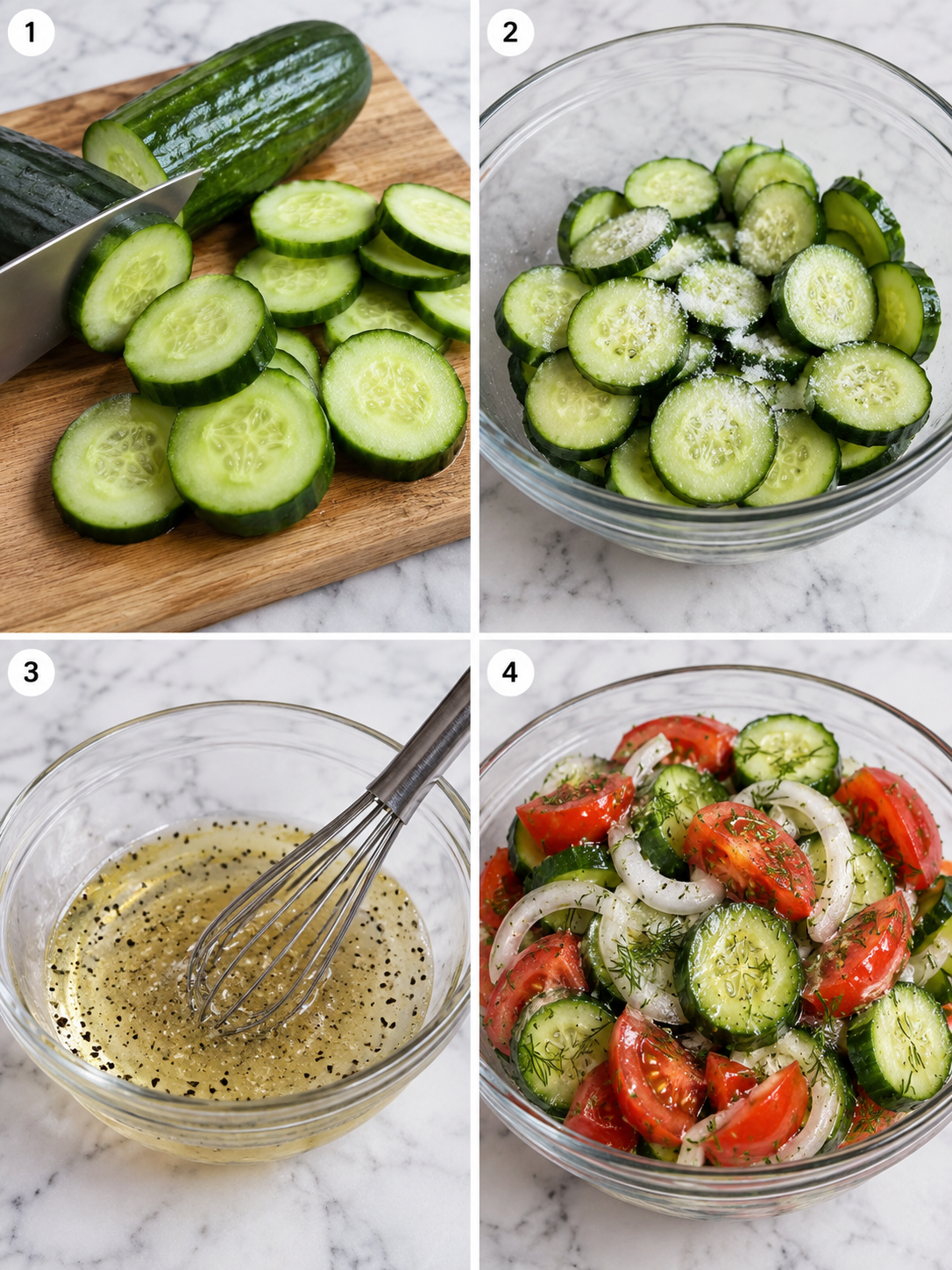 Four steps for making marinated cucumber tomato onion salad
