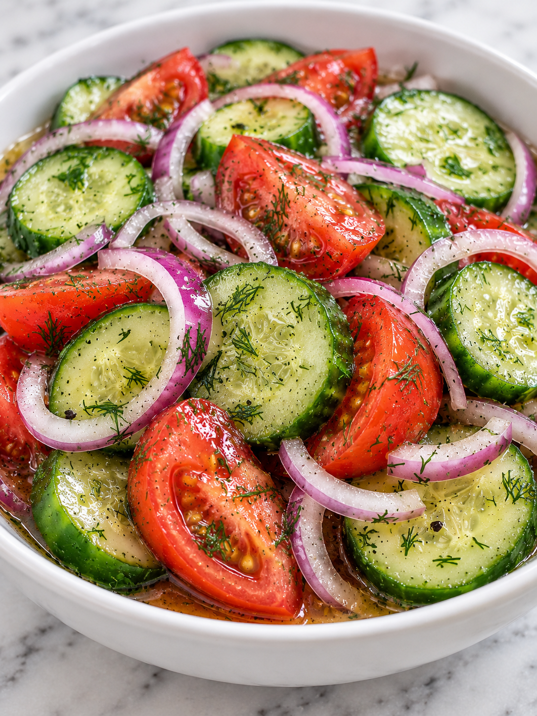 Glossy marinated cucumbers, tomatoes, onions, and dill in a shallow bowl