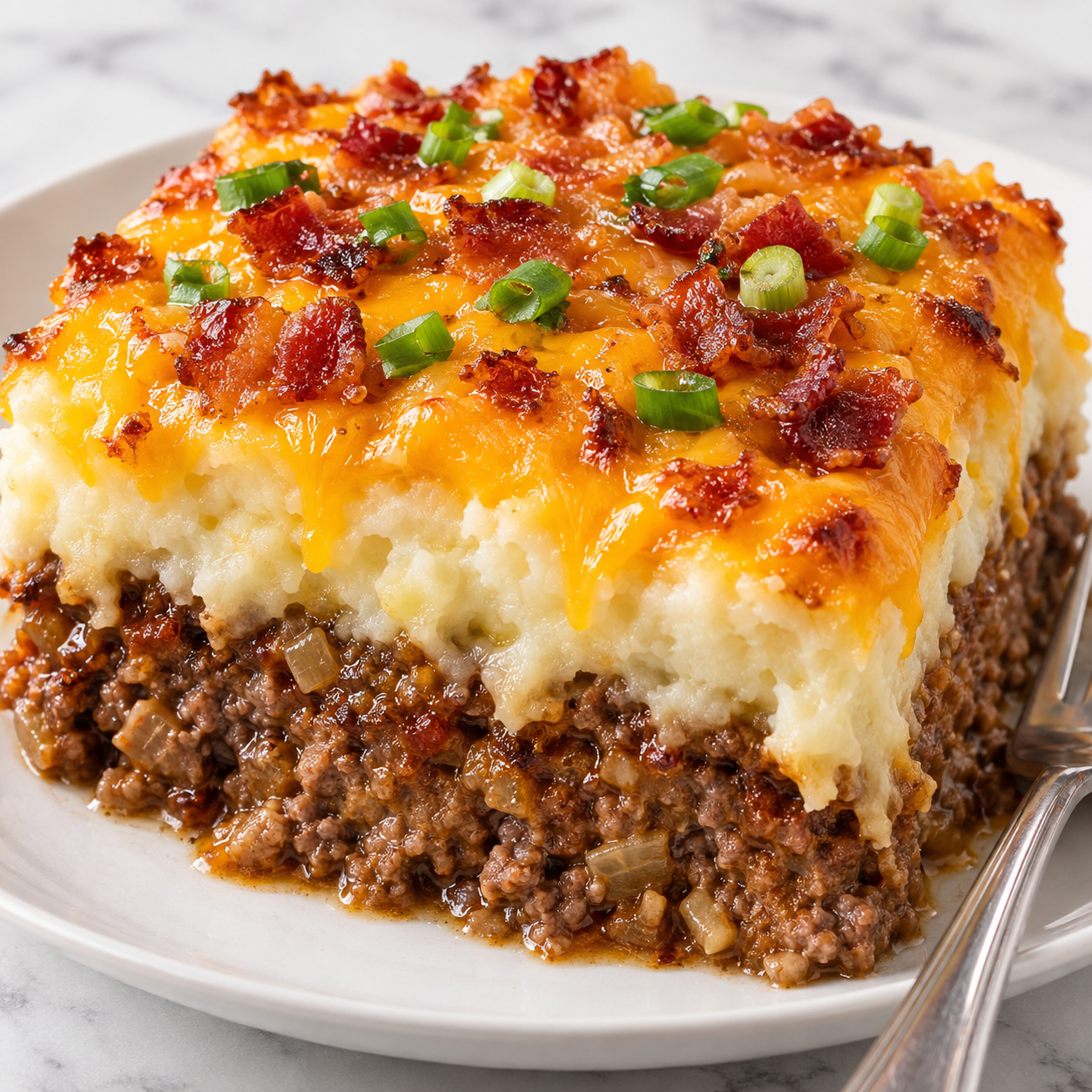 Meatloaf casserole with mashed potatoes, cheddar, bacon, and green onions