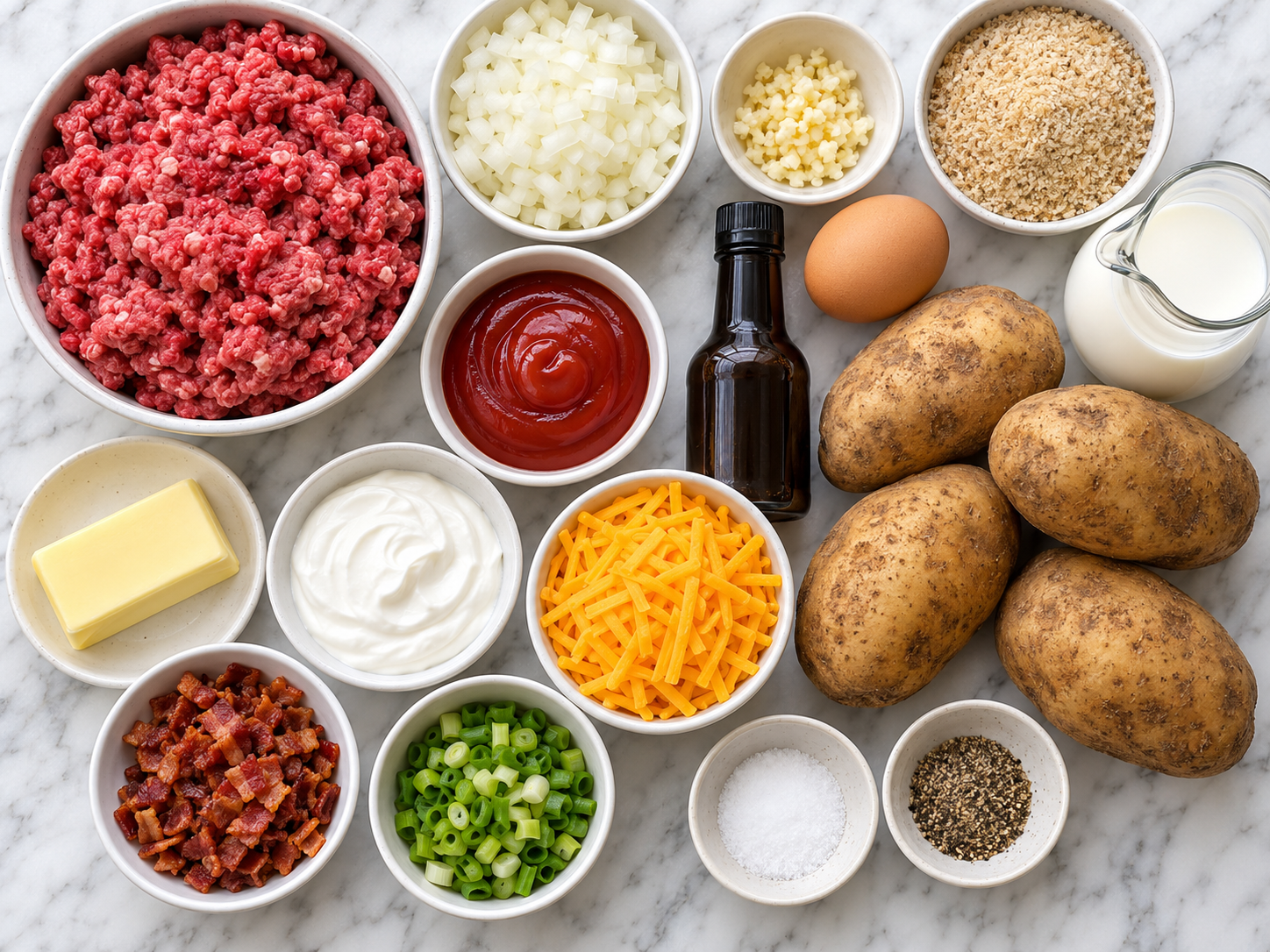 Ingredients for meatloaf casserole with potatoes, cheddar, bacon, and beef