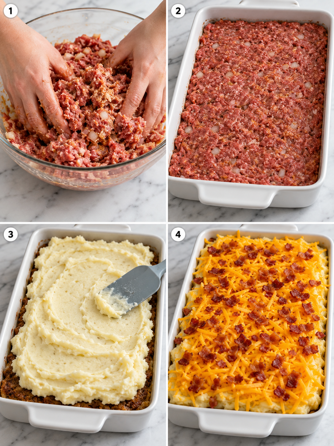 Four cooking steps for layered meatloaf, mashed potatoes, cheese, and bacon