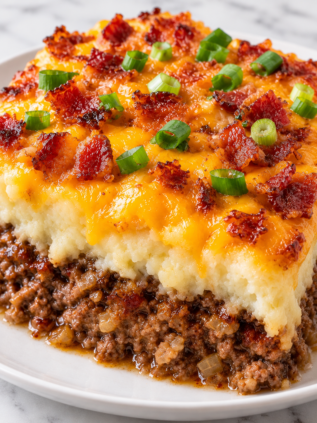 Slice of cheesy meatloaf casserole with mashed potatoes and bacon