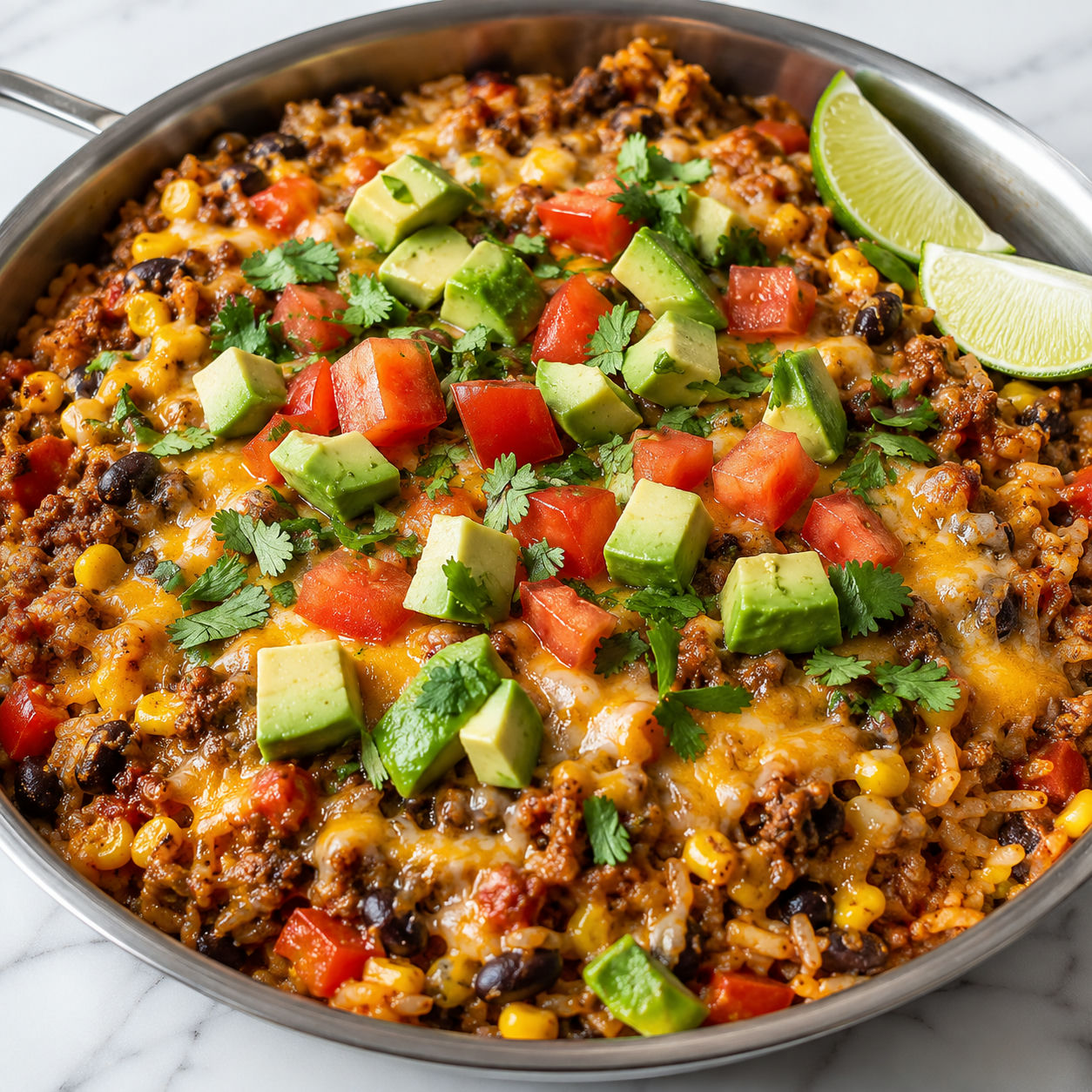 Mexican beef and rice skillet with melted cheese, avocado, tomato, and cilantro