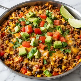 Mexican beef and rice skillet with melted cheese, avocado, tomato, and cilantro