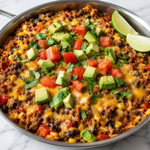 Mexican beef and rice skillet with melted cheese, avocado, tomato, and cilantro