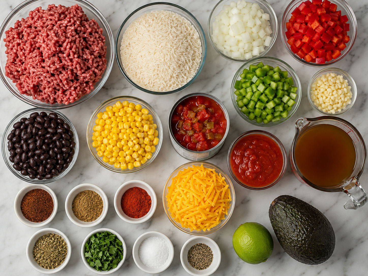 Ingredients for Mexican beef and rice skillet with beef, rice, beans, corn, and peppers