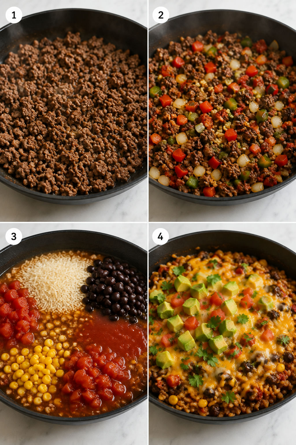 Four cooking steps for Mexican beef and rice skillet from browning to topping