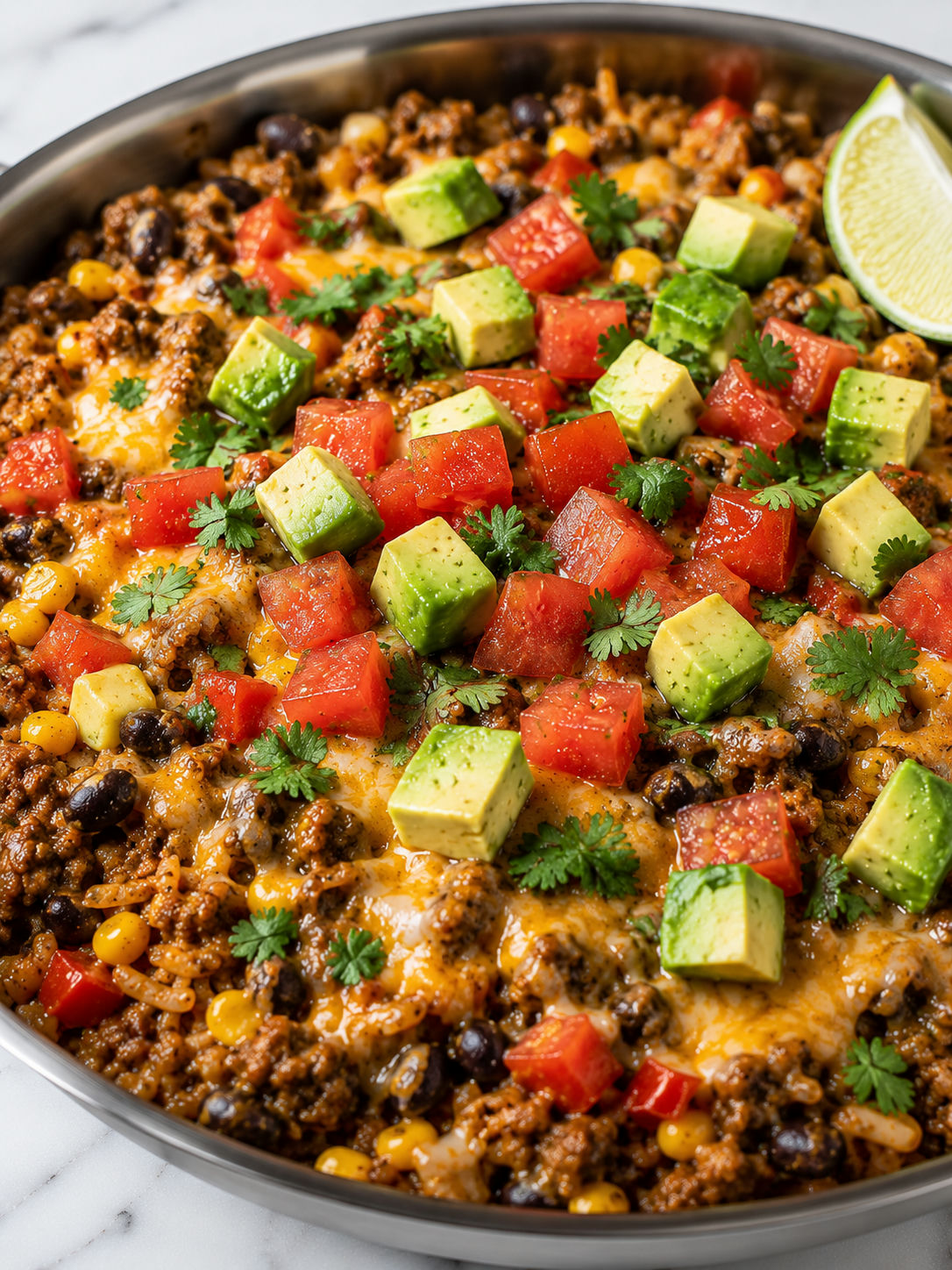 Cheesy Mexican beef and rice skillet with avocado, tomato, cilantro, and lime