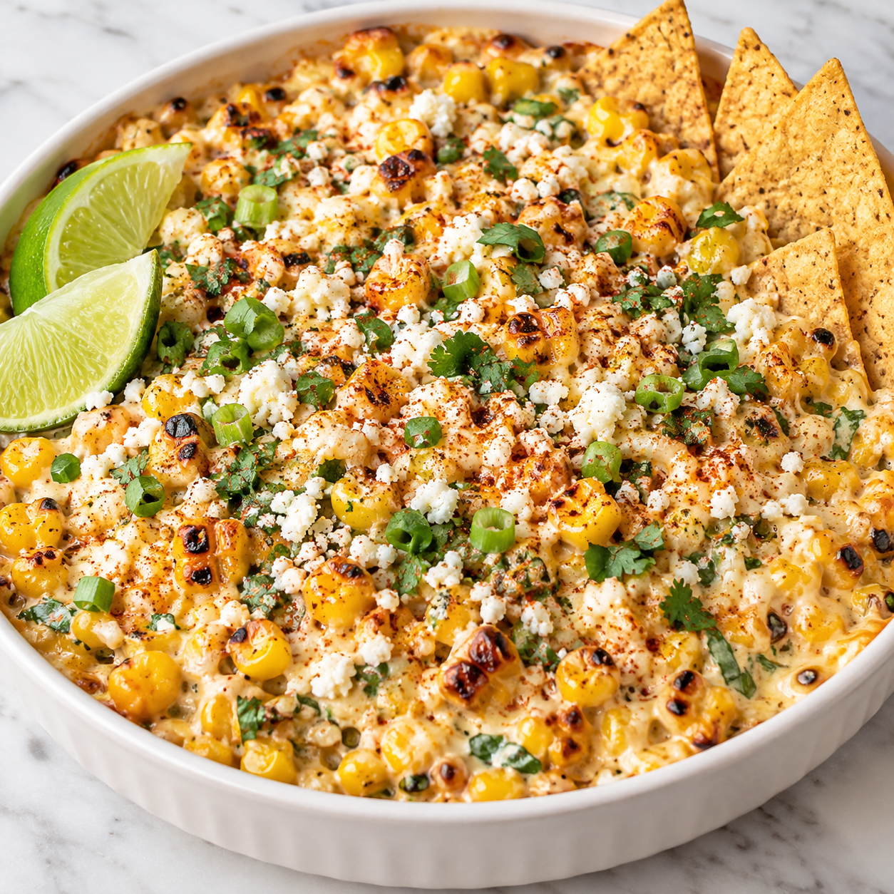 Warm Mexican street corn dip with cotija, cilantro, lime, and tortilla chips