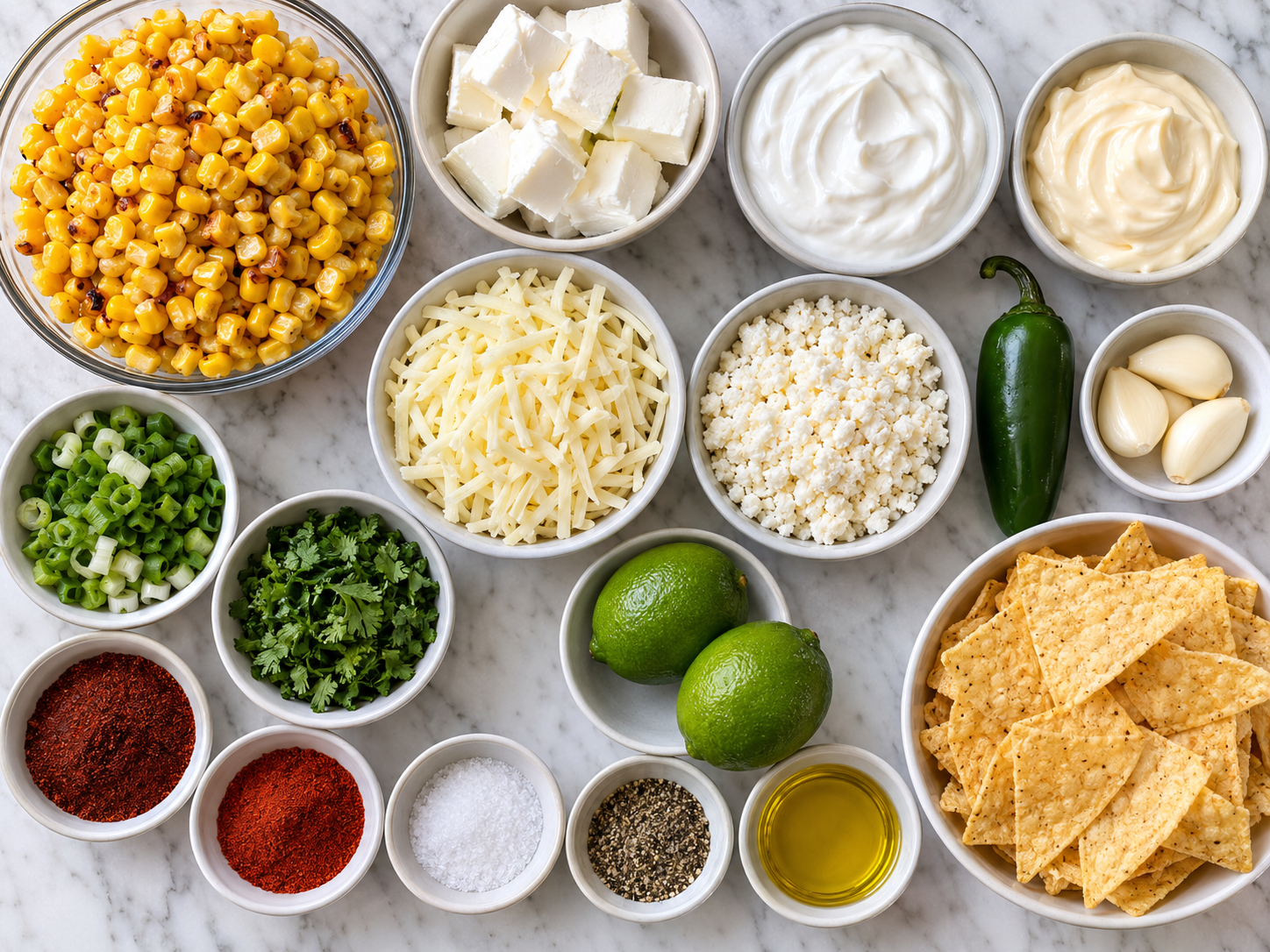 Ingredients for Mexican street corn dip with corn, cheeses, lime, and jalapeno
