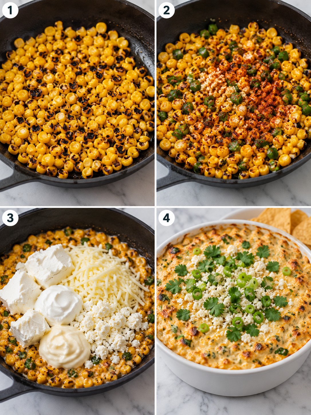 Four steps for making warm Mexican street corn dip in a skillet