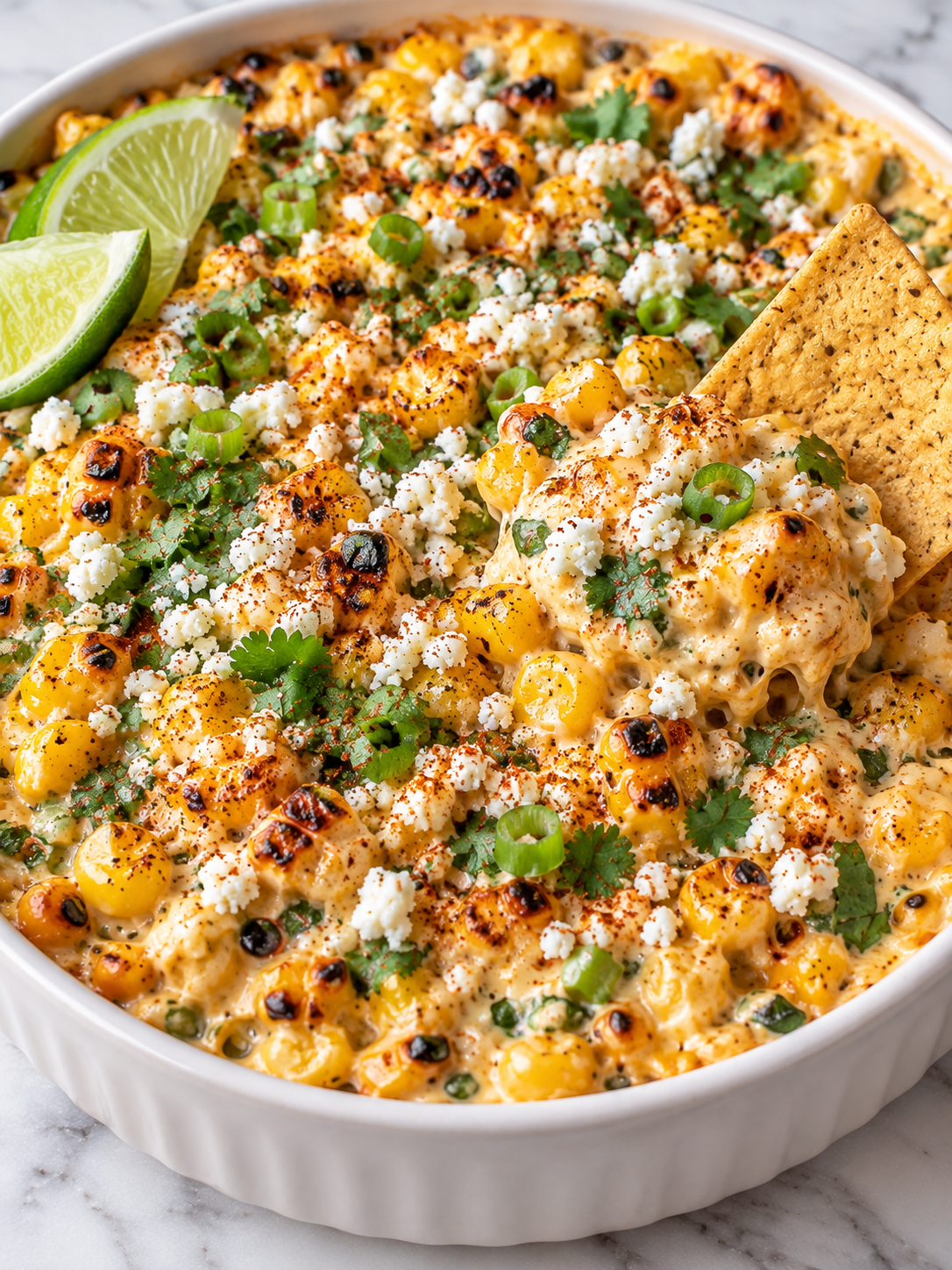 Creamy Mexican street corn dip with cotija, cilantro, lime, and a tortilla chip