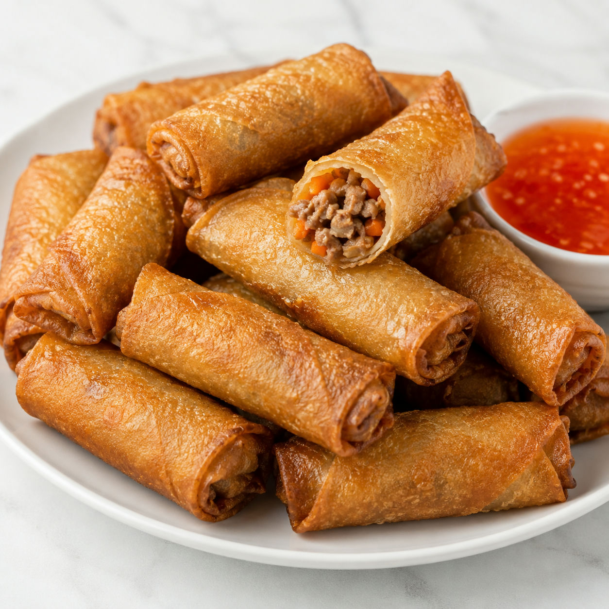 Mini lumpia with crisp golden wrappers and sweet chili sauce