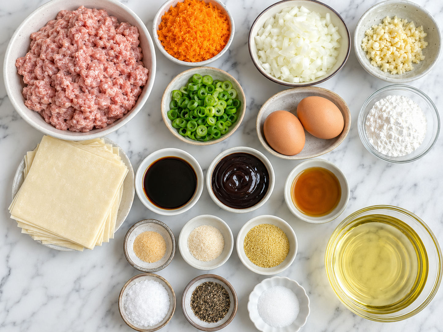 Raw pork, vegetables, wrappers, and seasonings for mini lumpia