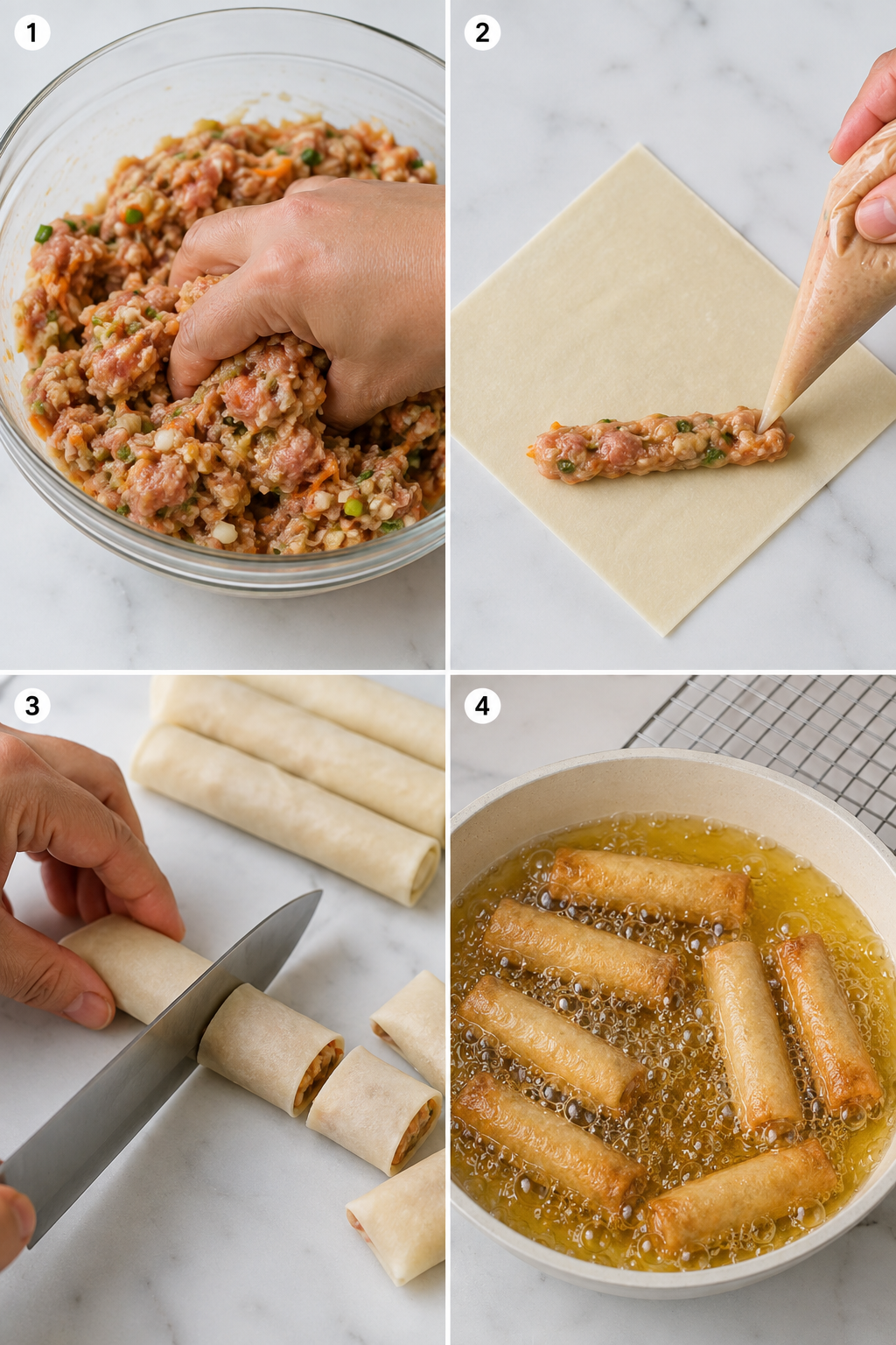 Four cooking steps for mixing, rolling, cutting, and frying mini lumpia