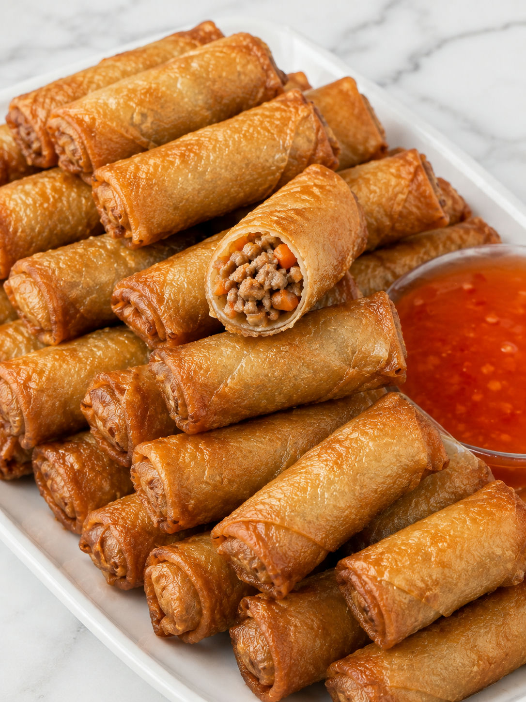 Stacked mini lumpia with crisp wrappers and sweet chili sauce