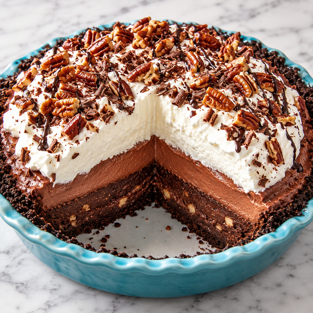 Mississippi Mud Pie with whipped cream, pecans, and chocolate shavings