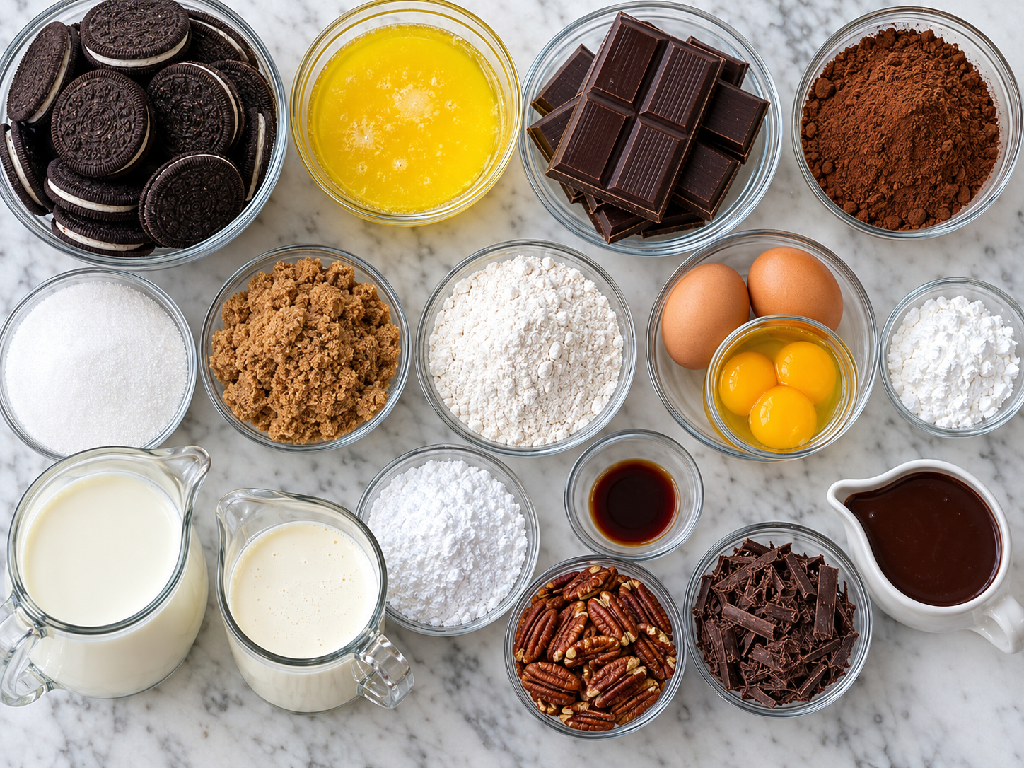 Ingredients for Mississippi Mud Pie with chocolate, cream, cookies, and pecans