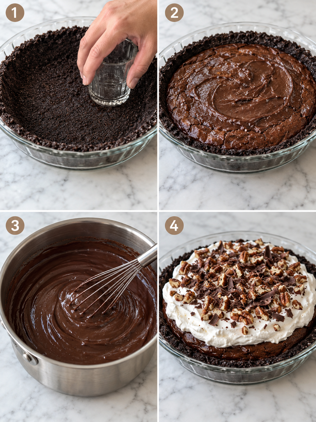 Steps for making Mississippi Mud Pie crust, brownie, pudding, and cream