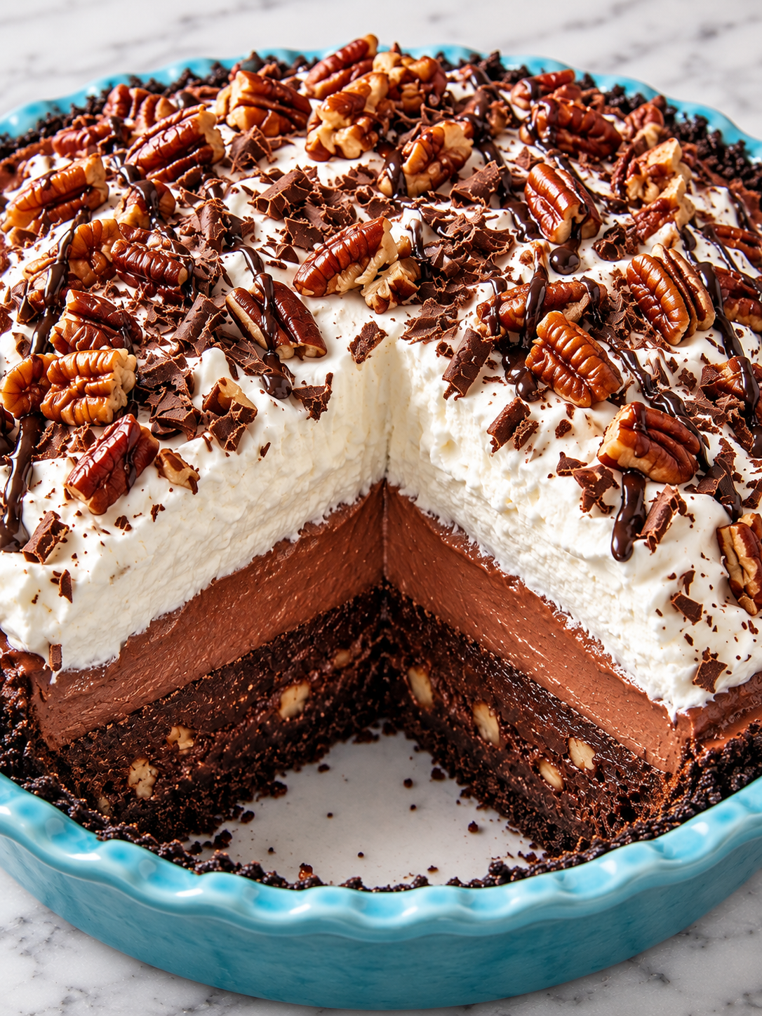 Layered Mississippi Mud Pie slice with whipped cream and chocolate shavings