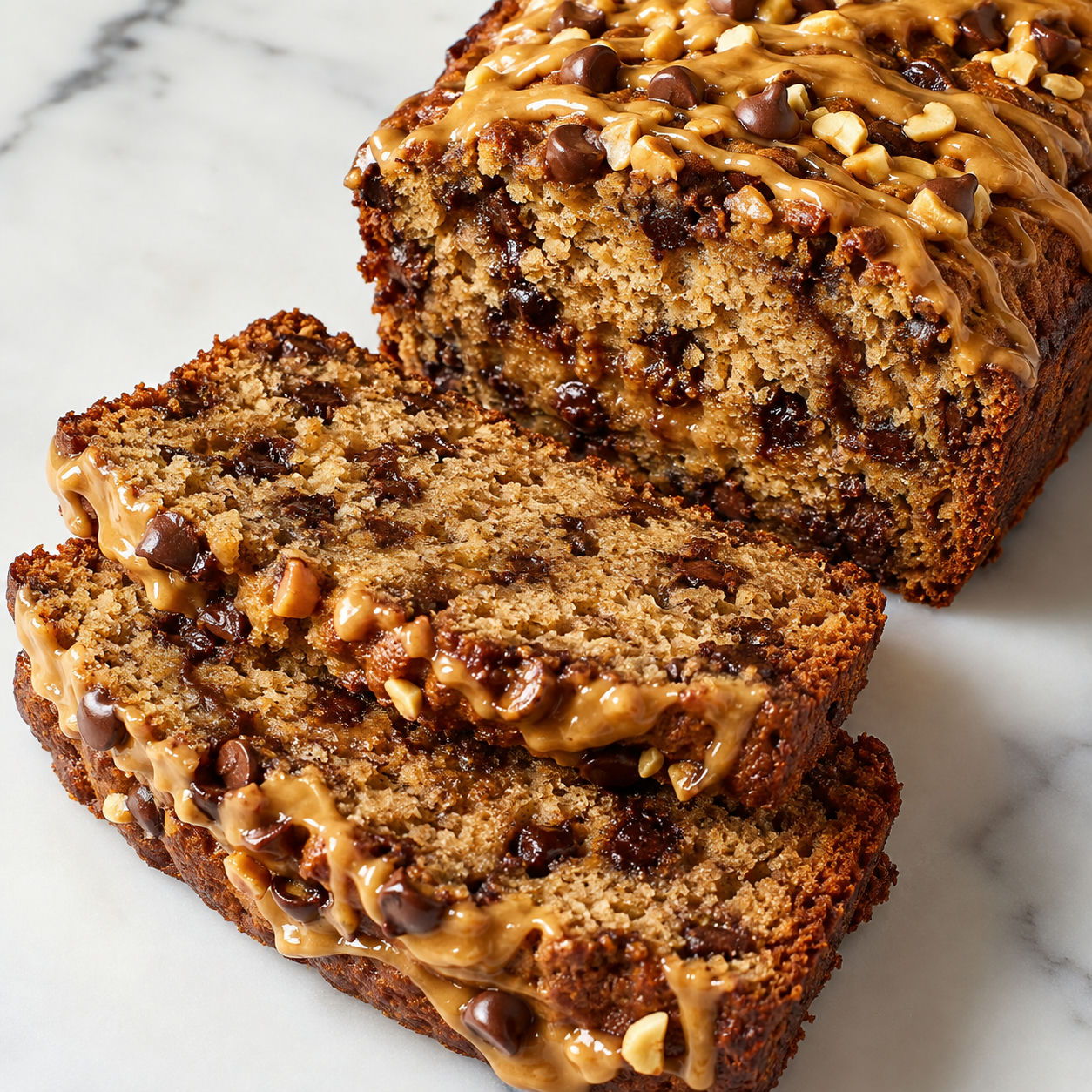 Peanut butter chocolate chip banana bread with melty chips and peanut drizzle