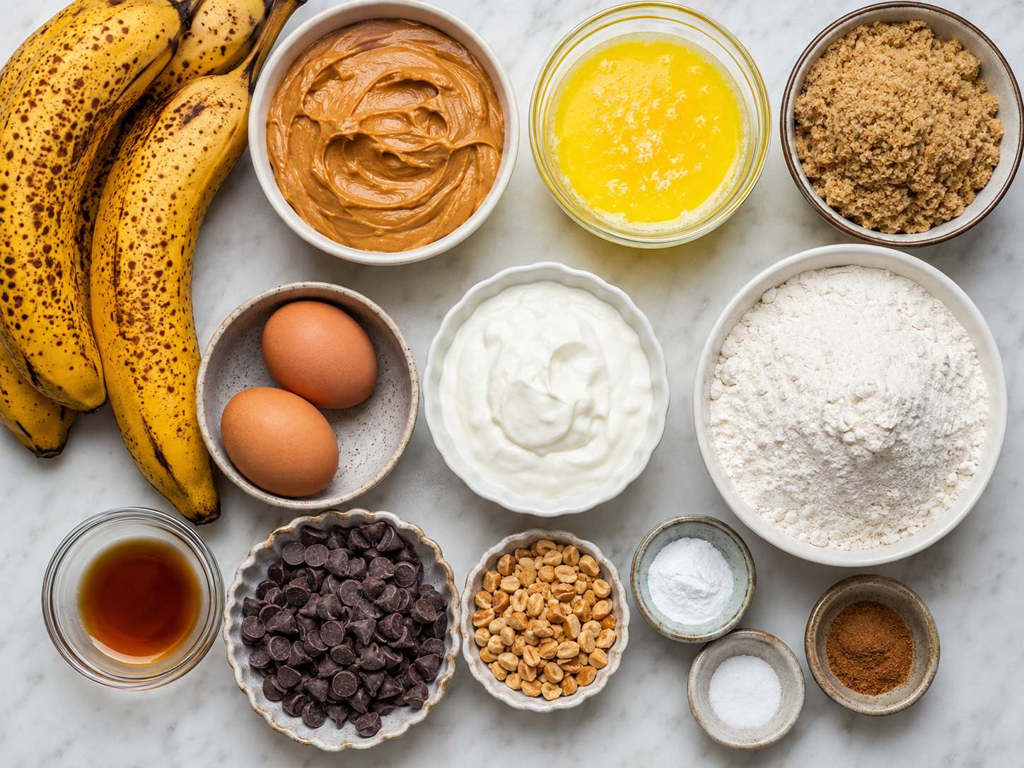 Ingredients for peanut butter chocolate chip banana bread on a kitchen counter
