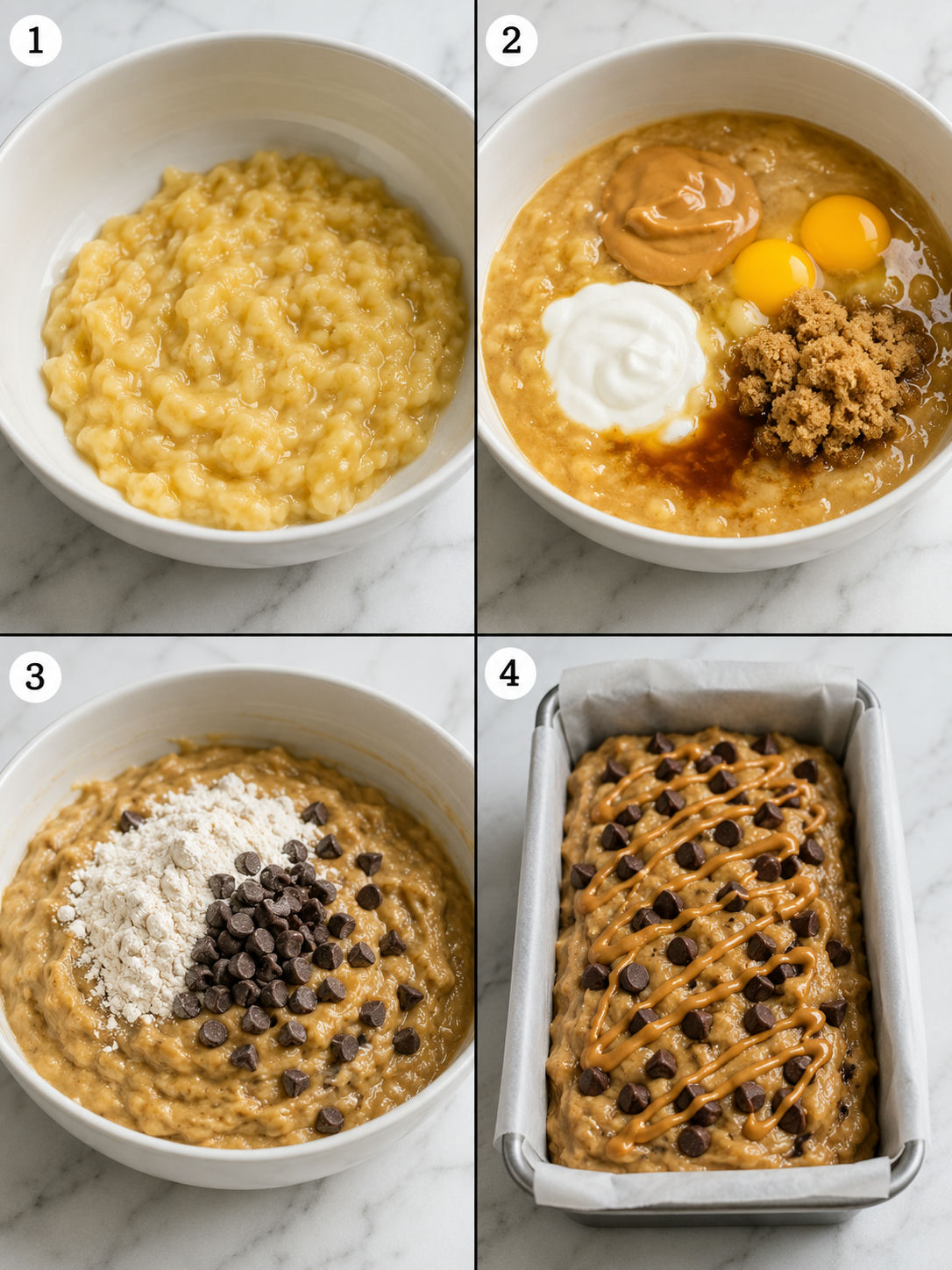 Four steps for making peanut butter chocolate chip banana bread