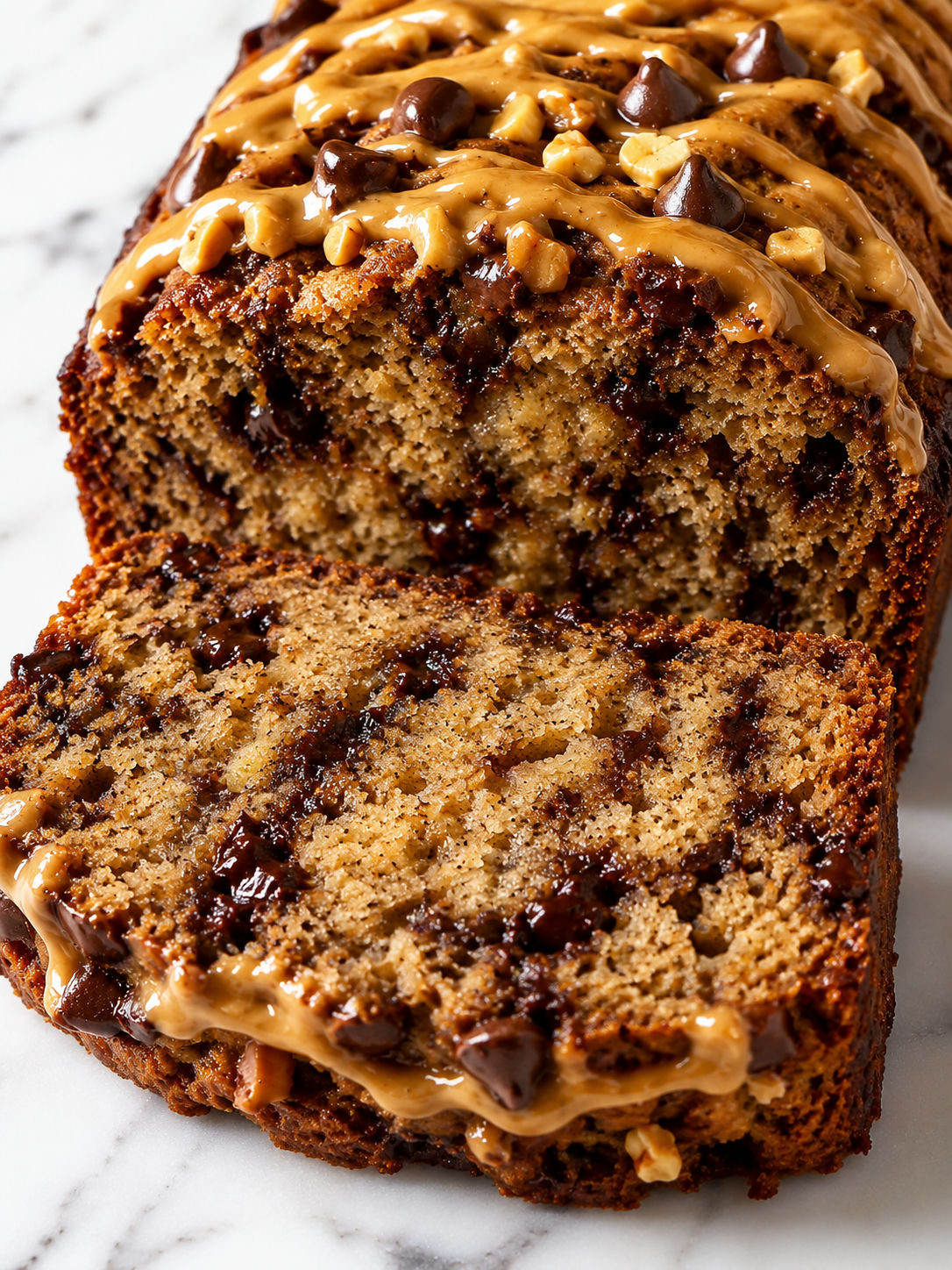 Moist peanut butter chocolate chip banana bread slice with melted chocolate