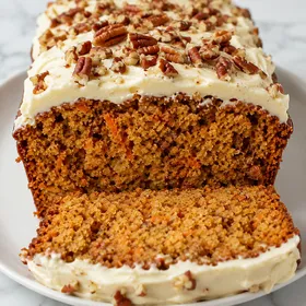 Spiced carrot cake loaf with cream cheese frosting and pecans