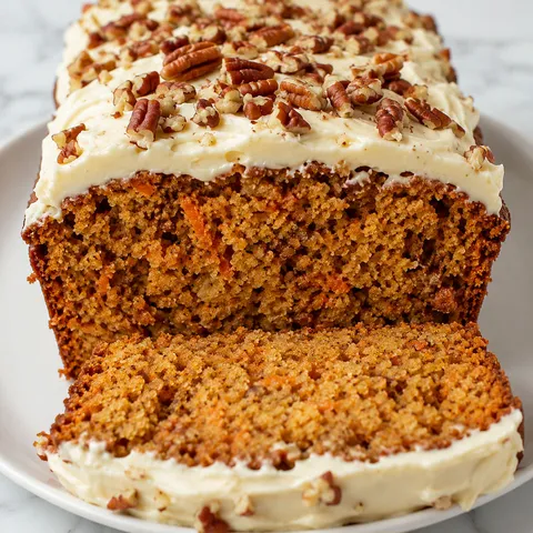 Spiced carrot cake loaf with cream cheese frosting and pecans