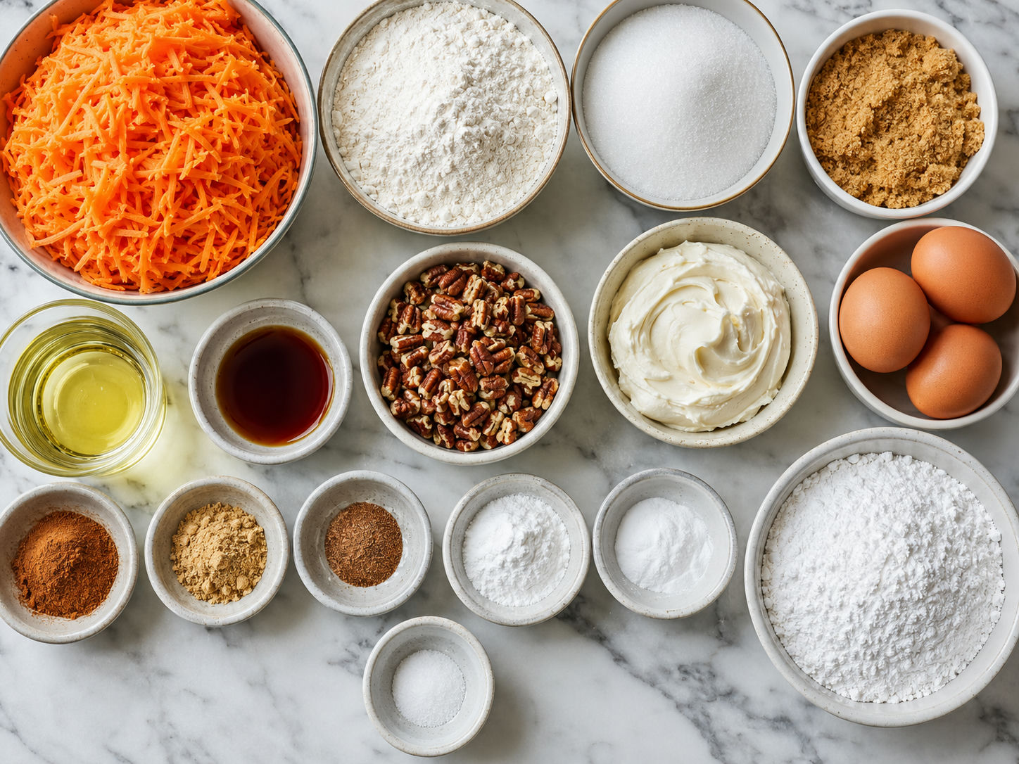 Ingredients for carrot cake loaf with carrots, spices, pecans, and cream cheese