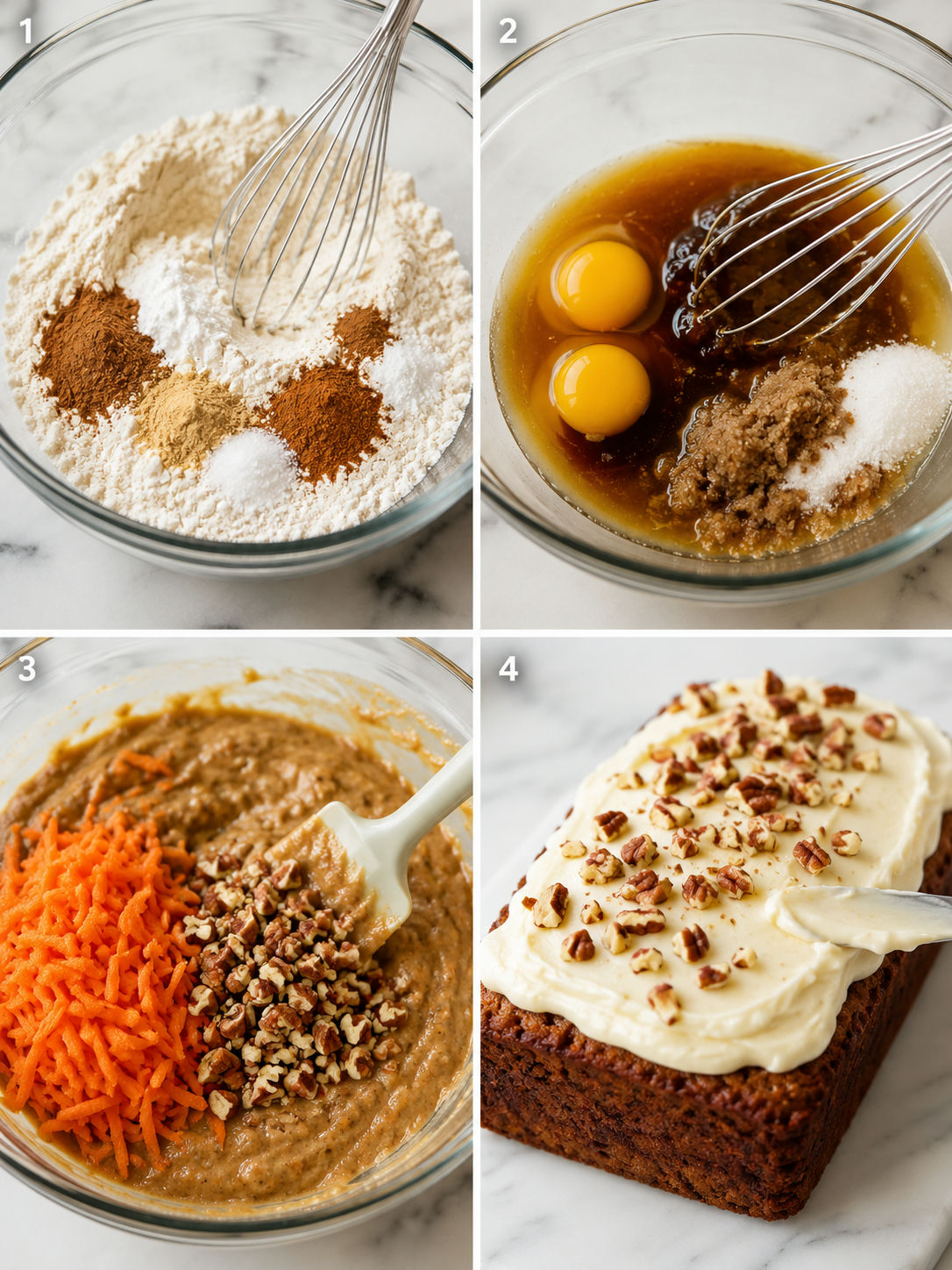 Four steps for making carrot cake loaf batter, baking, and frosting
