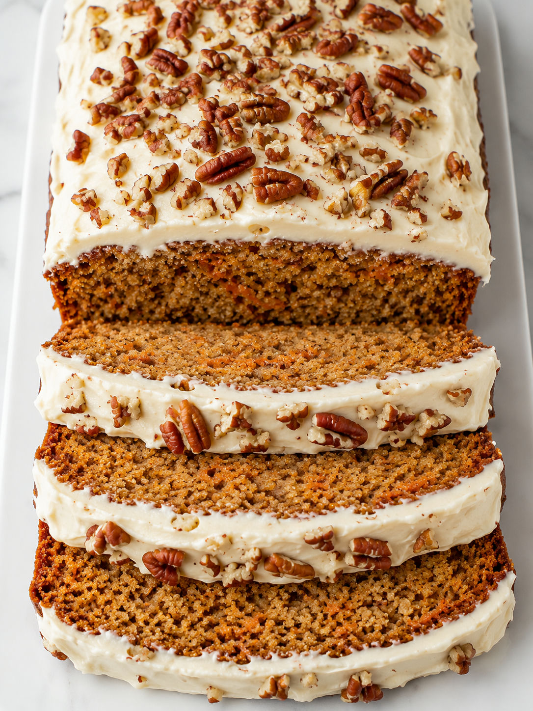 Sliced carrot cake loaf with cream cheese frosting and toasted pecans