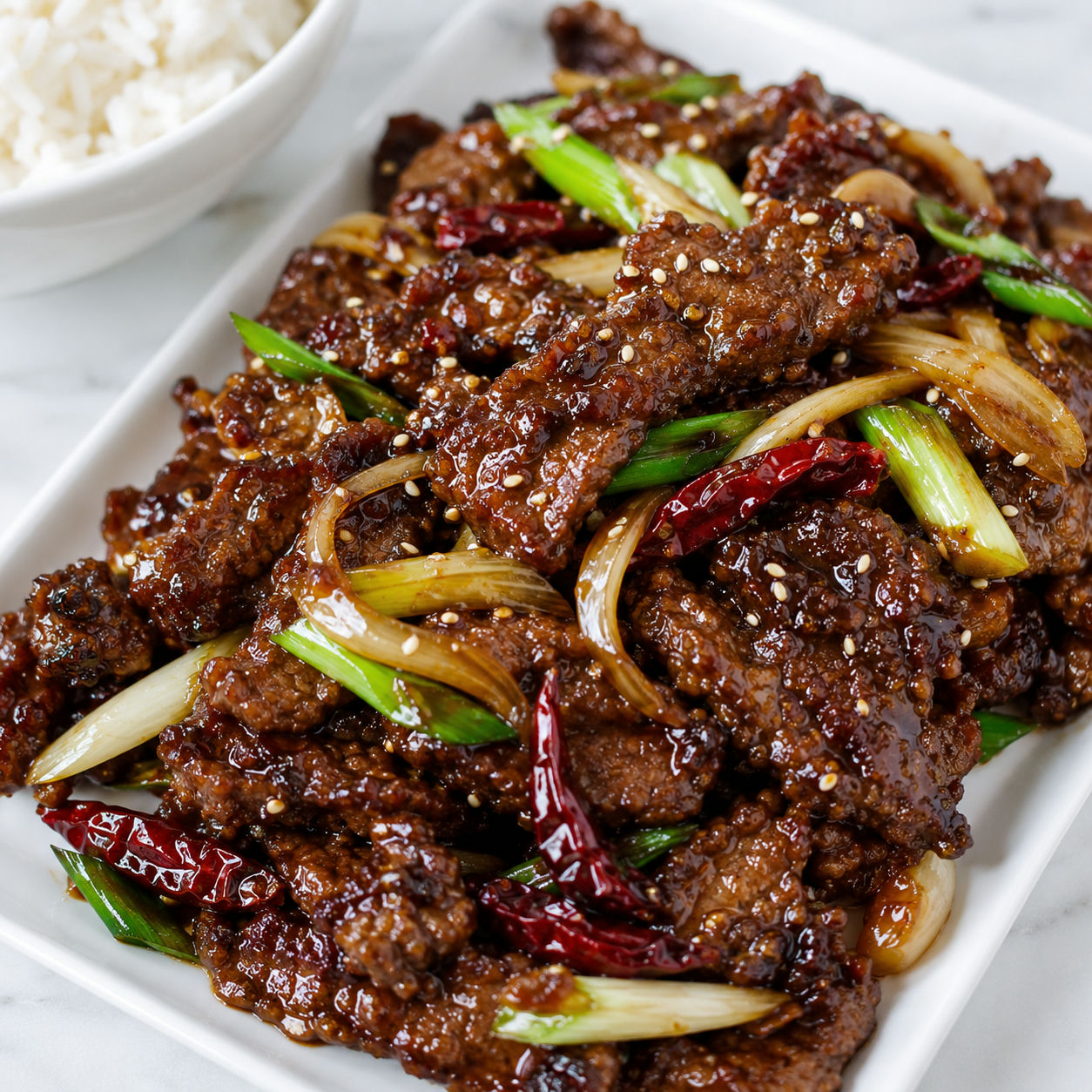 Glossy Mongolian Beef with scallions and sesame on a white plate