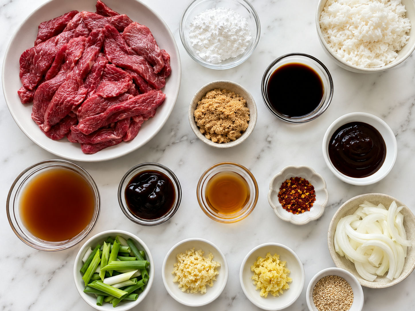 Raw Mongolian Beef ingredients with flank steak, scallions, sauces, and aromatics
