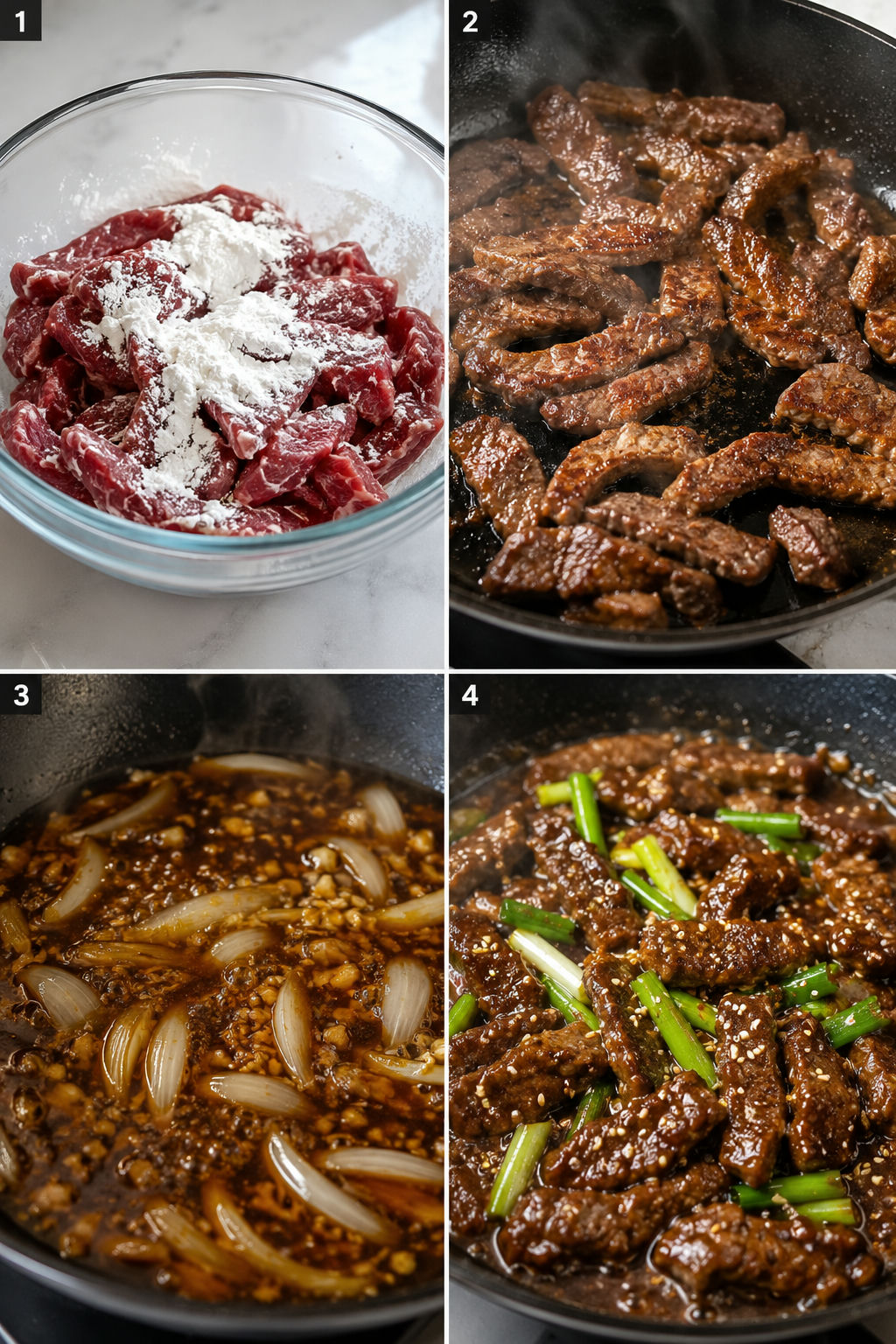 Four cooking steps for Mongolian Beef from coating steak to tossing in sauce