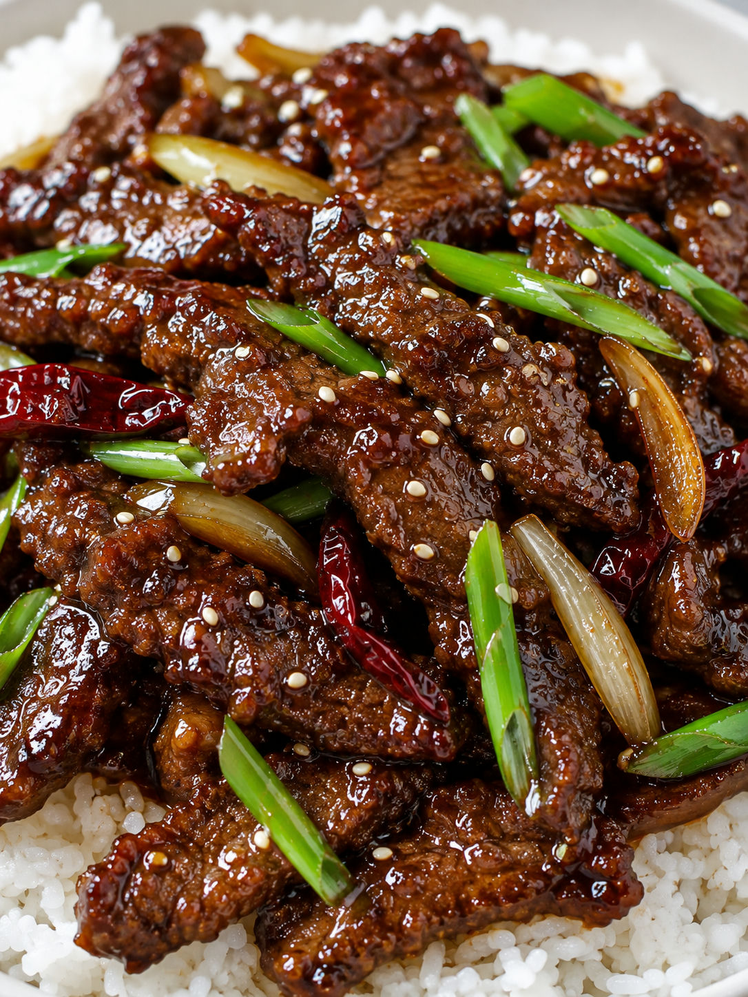 Mongolian Beef over white rice with scallions, sesame, and glossy sauce