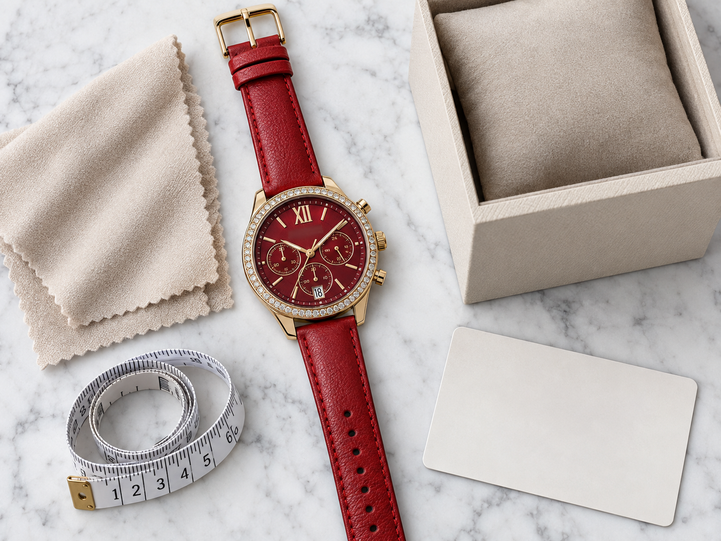 Red Michael Kors-style watch details with leather strap and polishing cloth