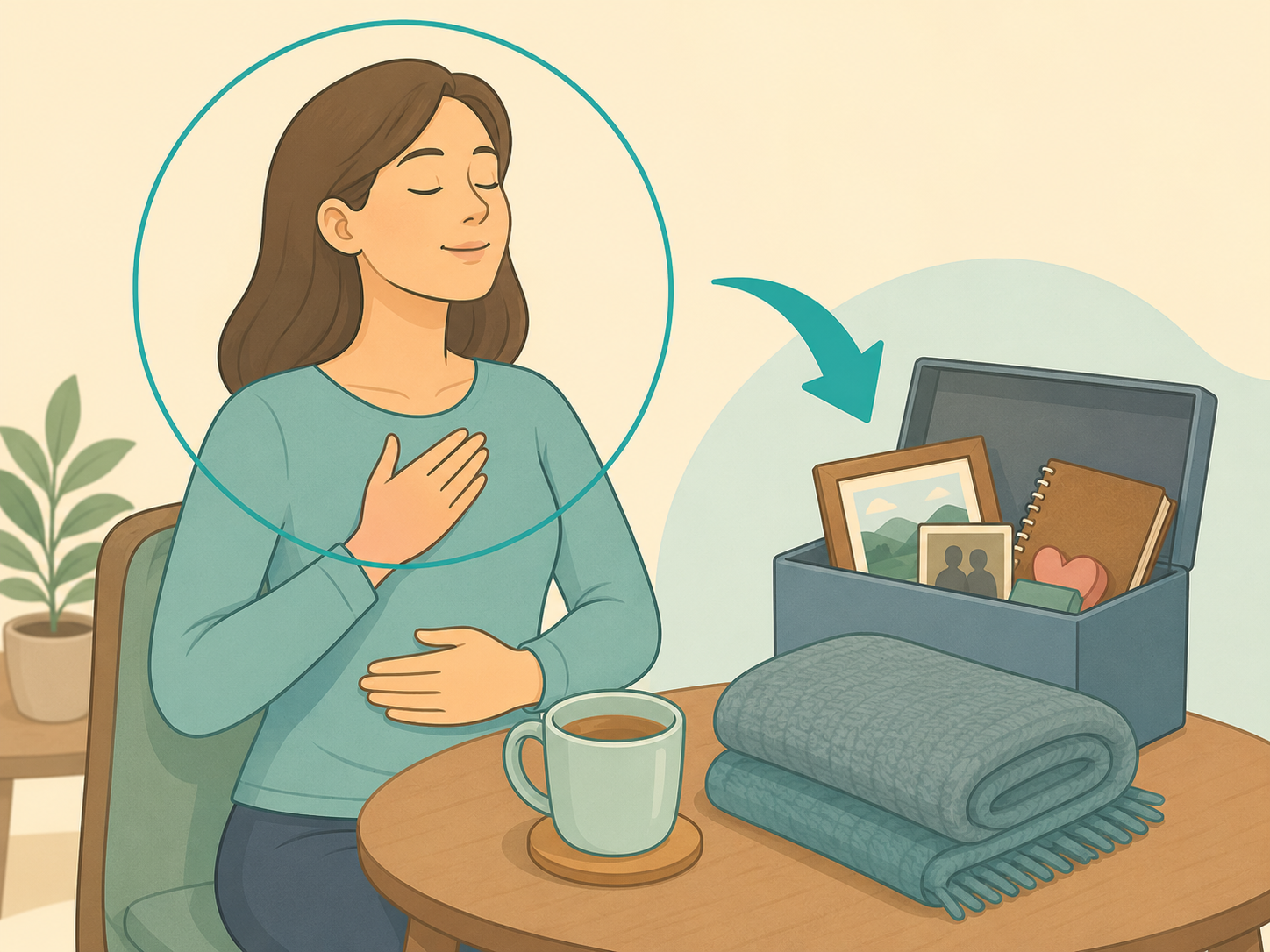 A person sitting calmly with comforting objects while coping with grief.