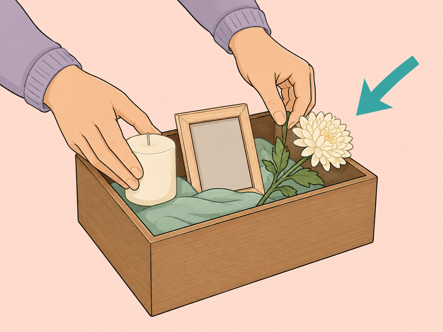 Hands creating a small remembrance ritual with a memory box.