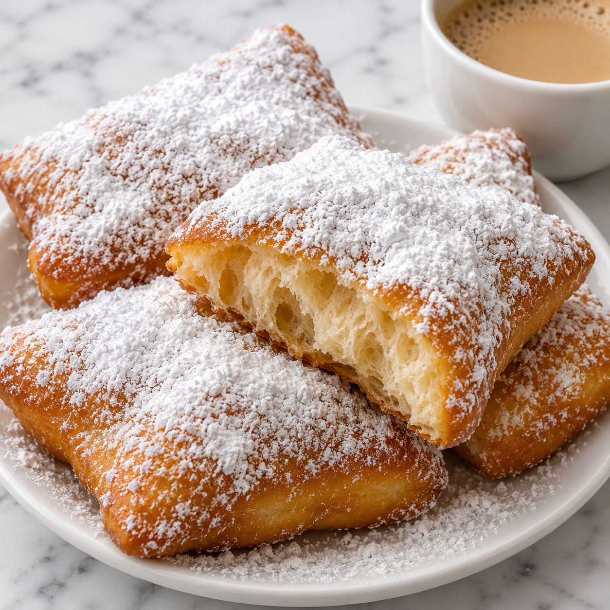 Powdered New Orleans beignets stacked on a white plate with coffee
