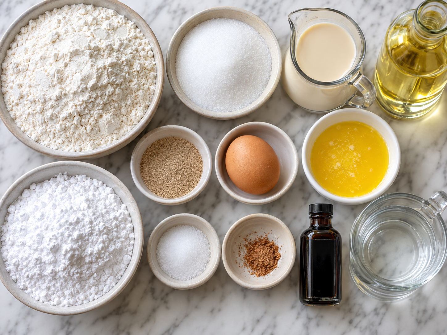 Ingredients for New Orleans beignets with flour, egg, milk, yeast, and sugar