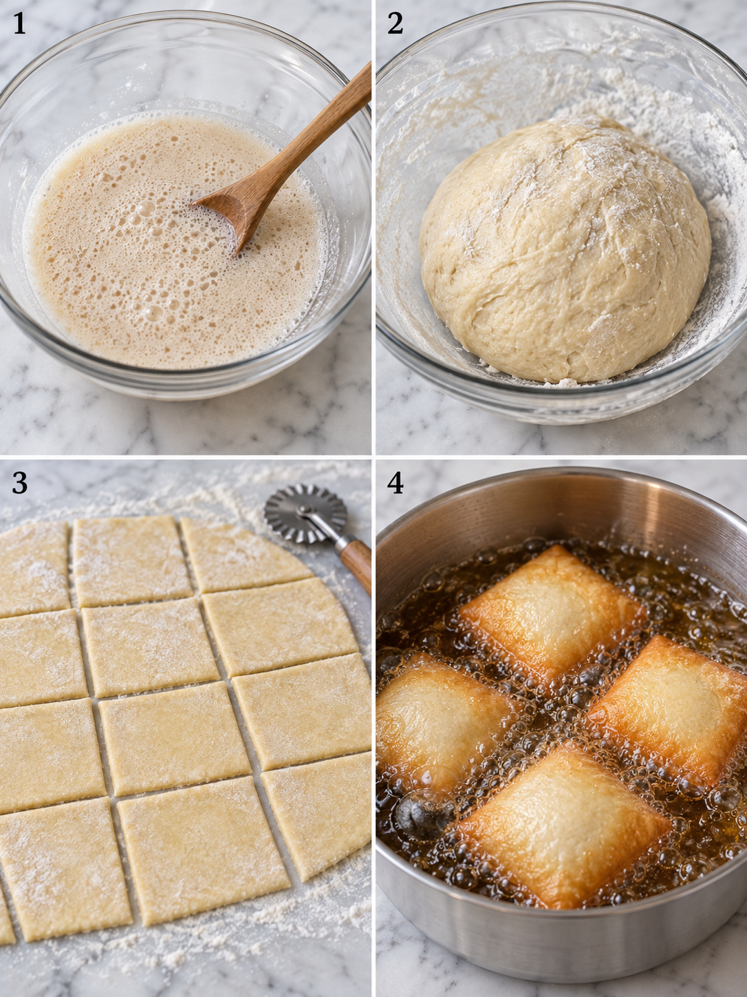Four steps for making New Orleans beignets from yeast dough to frying