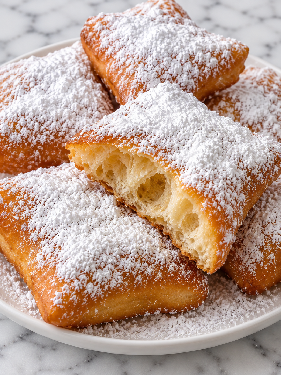 Powdered New Orleans beignets piled high with one torn open