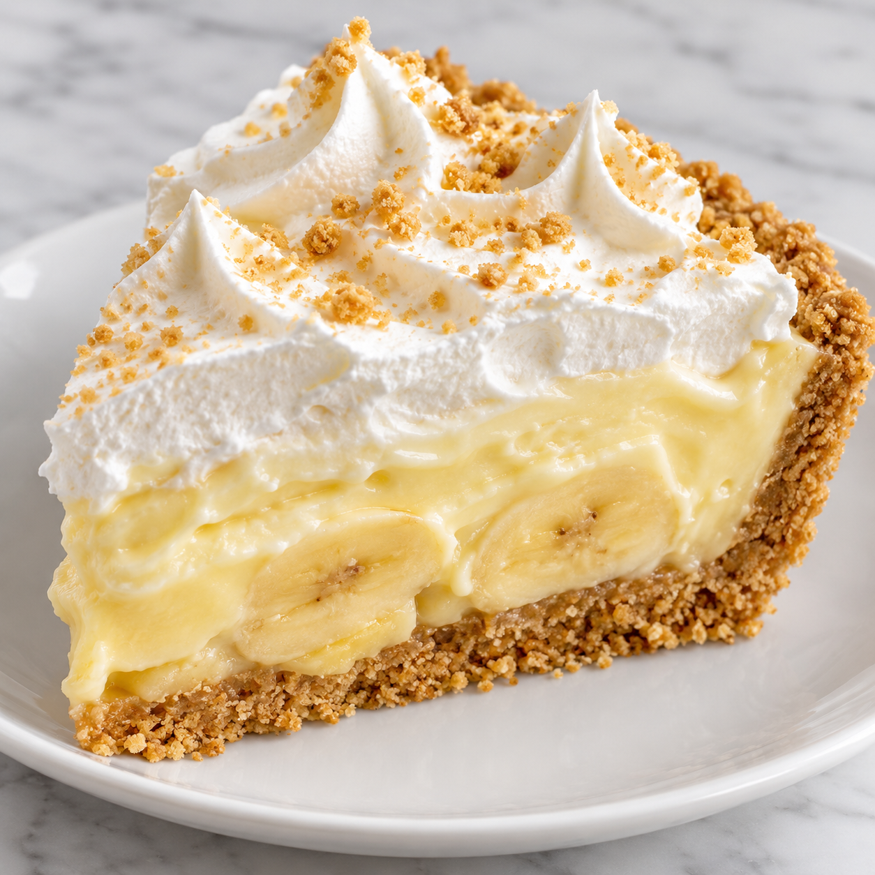 No-Bake Banana Cream Pie slice with whipped topping and banana slices