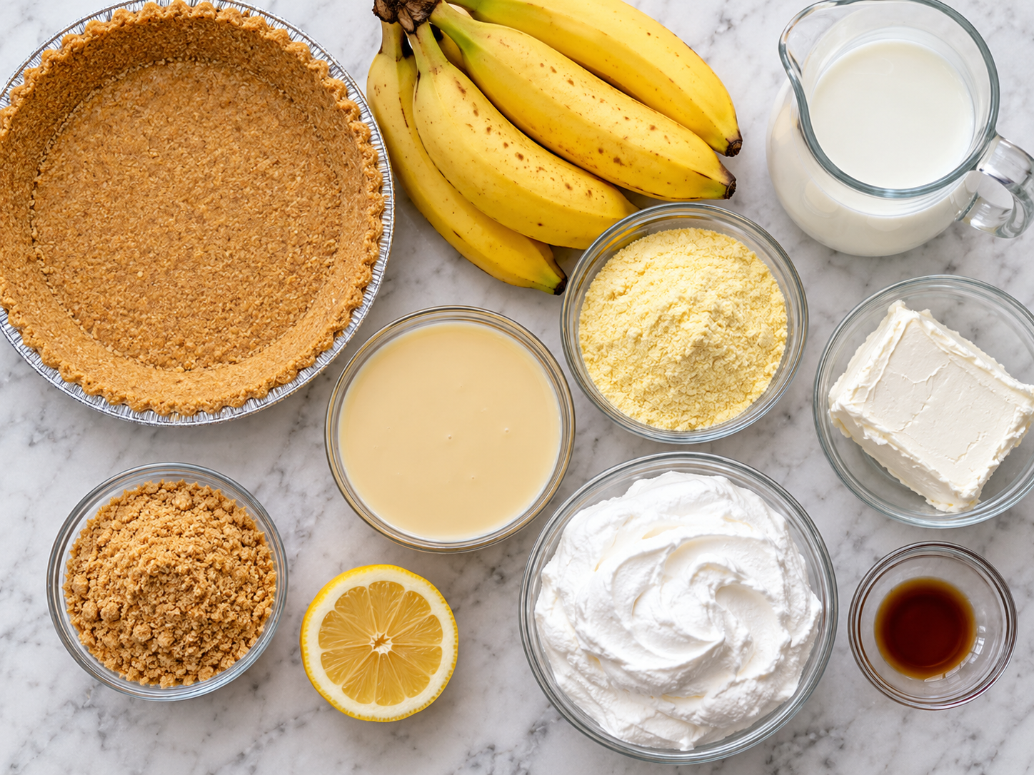 Ingredients for No-Bake Banana Cream Pie with bananas and graham crust